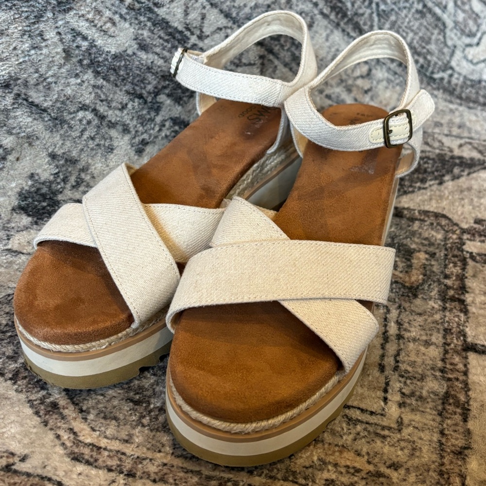 Toms Gia Platform‎ Wedge Sandal Ankle Strap Women's Natural Size 8